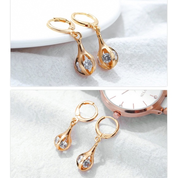 Gold Openwork Water-drop Shaped Huggie Hoops w/CZs - Picture 6 of 8